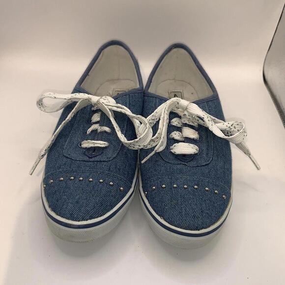 Sebastino Womens Low Top Denim Sneaker Flat Shoes Blue Silver Metal Lace Up Sz 8 - Picture 4 of 8